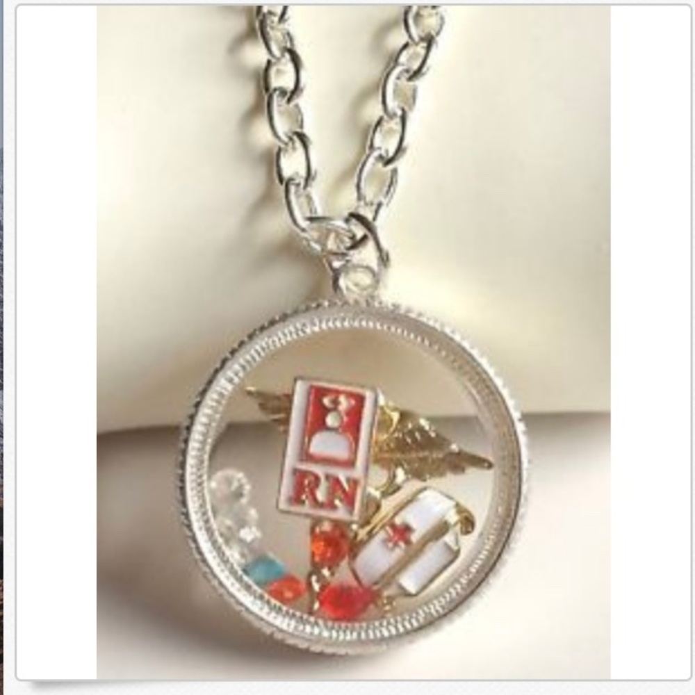 Silver Nursing RN Memory Locket Caduceus Necklace